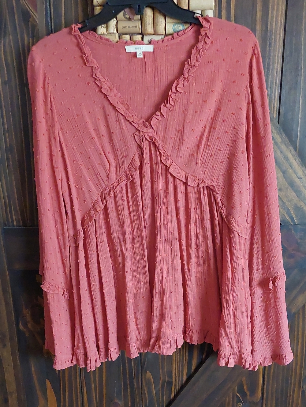 Coral Easel V-Neck Ruffle Babydoll Top Sz M